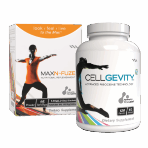Image of a bottle of Cellgevity and a box of MaxN~Fuze