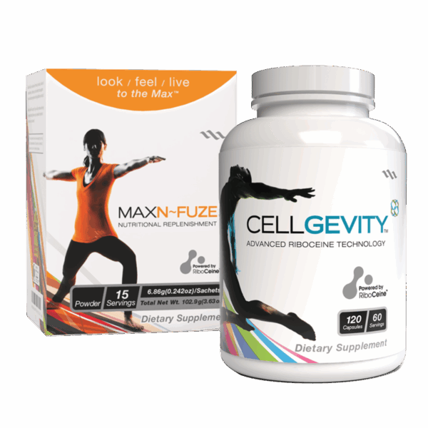 Image of a bottle of Cellgevity and a box of MaxN~Fuze